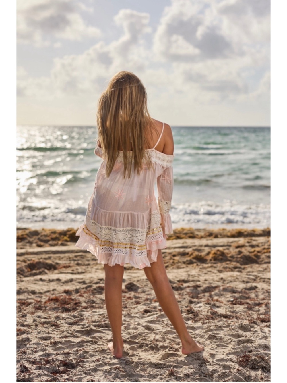 Pastel Pink Boho Mini Dress S/M Off Shoulder Lace Embroidered Beach Cover Up - Picture 2 of 5
